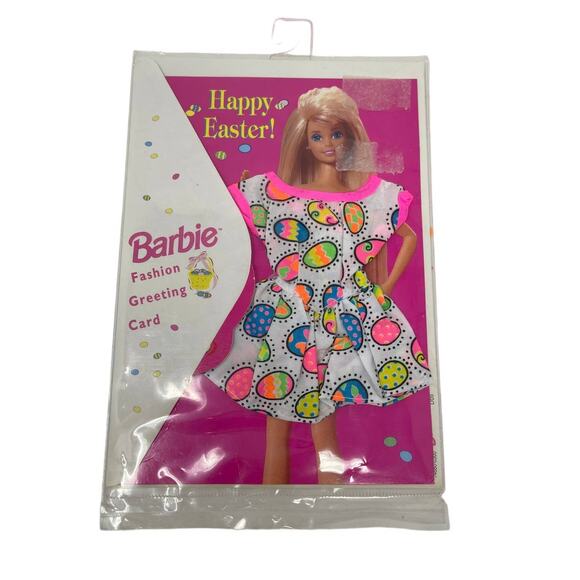 Vintage 1995 Barbie HAPPY EASTER Fashion Greeting Card PINK EGG Dress - Picture 1 of 4